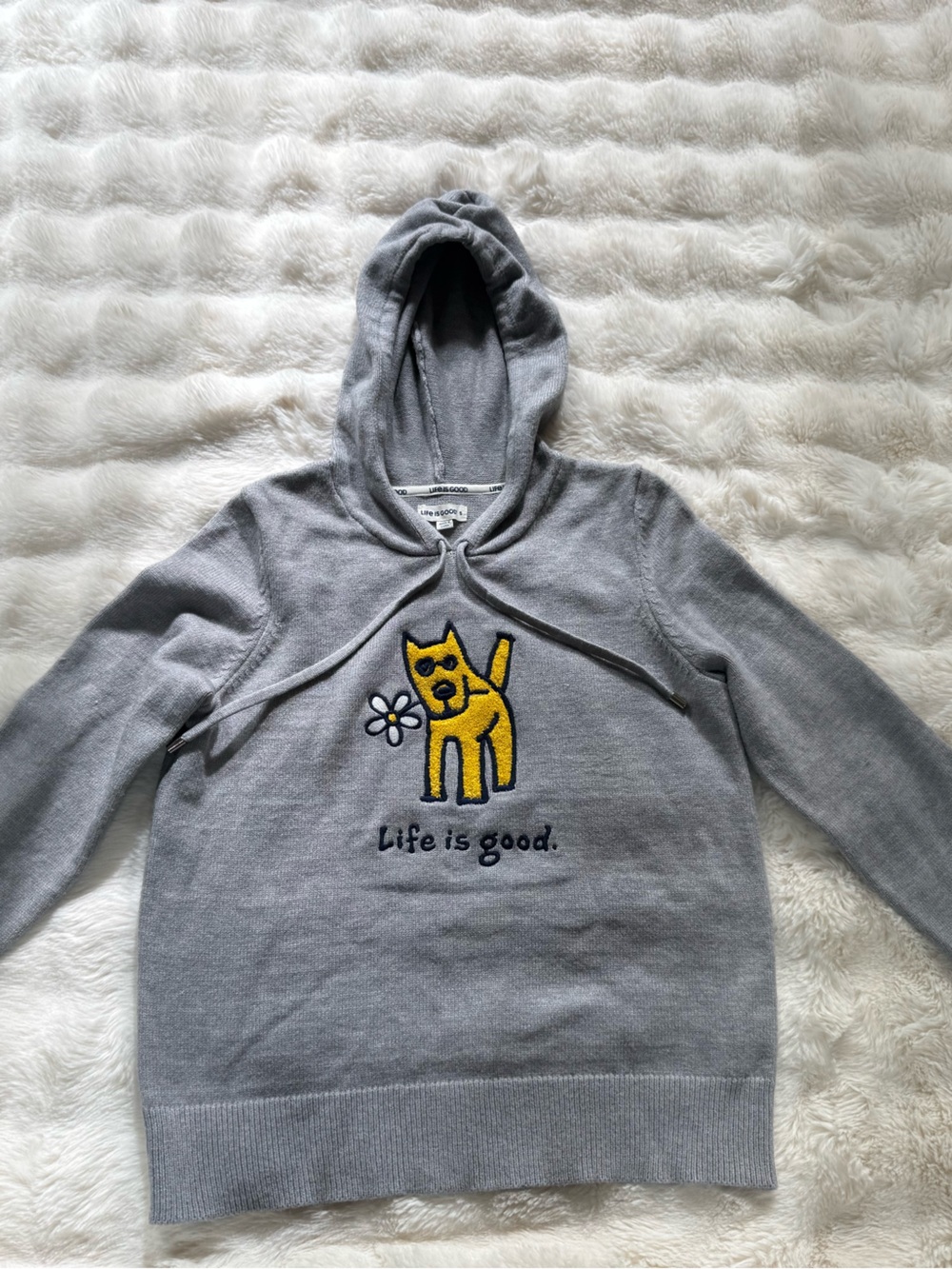 Life Is Good Women's Gray Hoodie with Yellow Dog and Daisy Patch